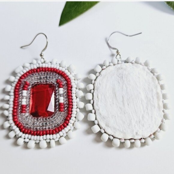 2/$27 | White + Red Beaded Bohemian Indigenous Native Hoop Earrings | Handmade - Picture 8 of 9